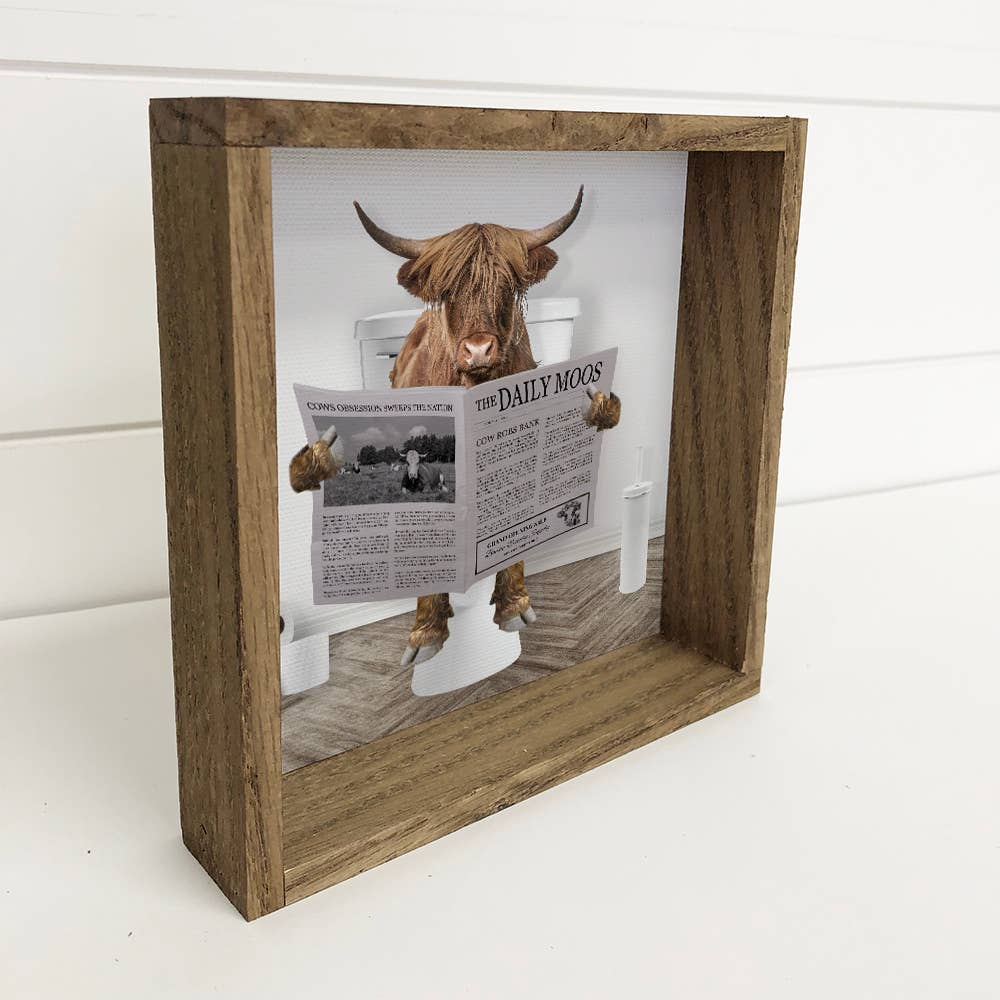 Highland Cow on Toilet Wood Frame Sign - Funny Bathroom Art: 11x11" Small Canvas Art with Wood Box Frame