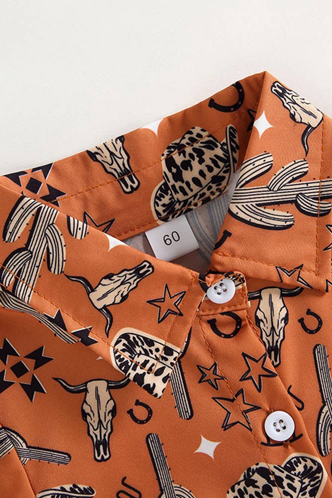 Boys Western Style Cactus Print Button Up Shirt Romper