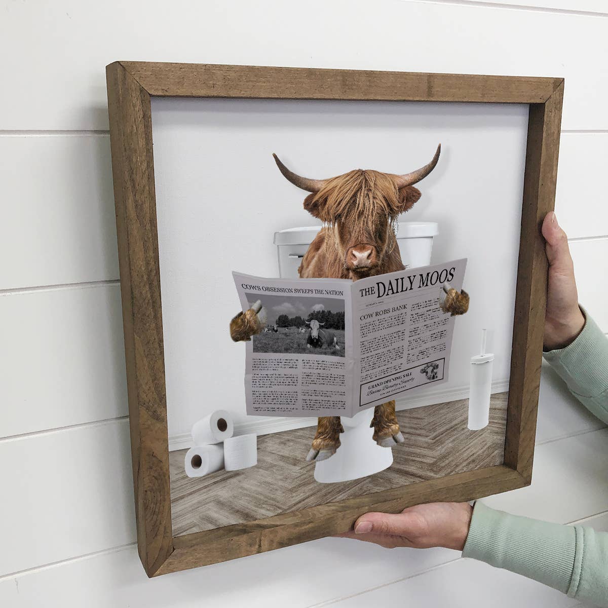 Highland Cow on Toilet Wood Frame Sign - Funny Bathroom Art: 11x11" Small Canvas Art with Wood Box Frame