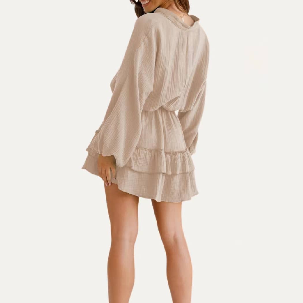 Classic Textured Notched Neck Long Sleeve Mini Dress