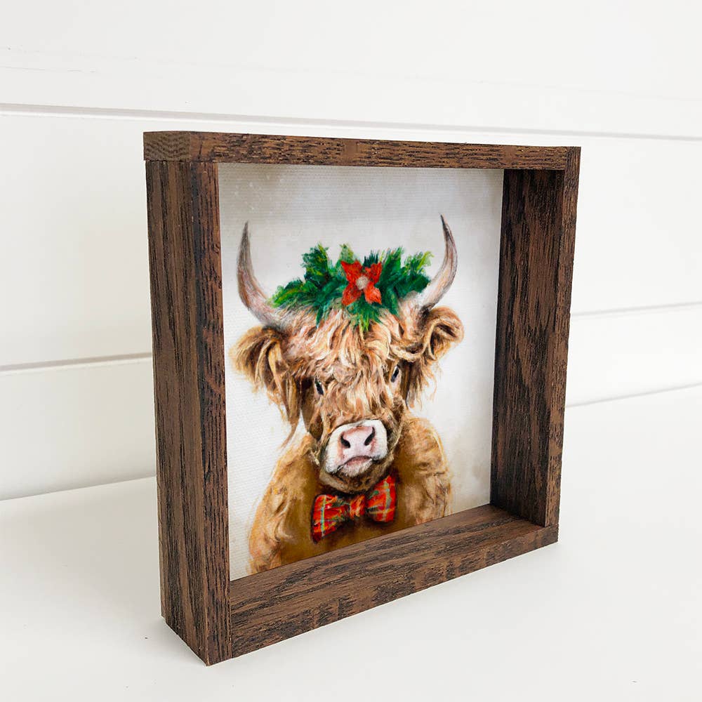 Highland Cow in Christmas Wreath Holiday Farm Small Decor: 20x20" Large Canvas Art with Thick Wood Frame