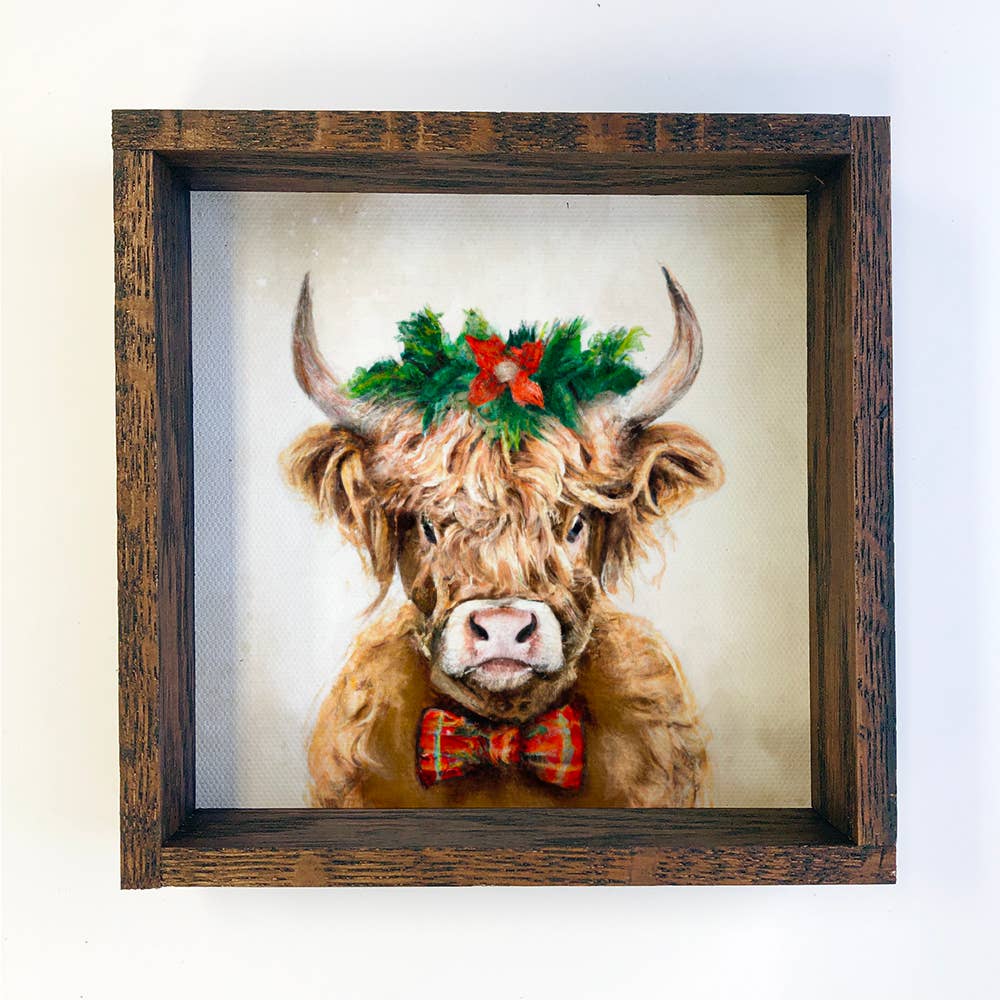 Highland Cow in Christmas Wreath Holiday Farm Small Decor: 20x20" Large Canvas Art with Thick Wood Frame