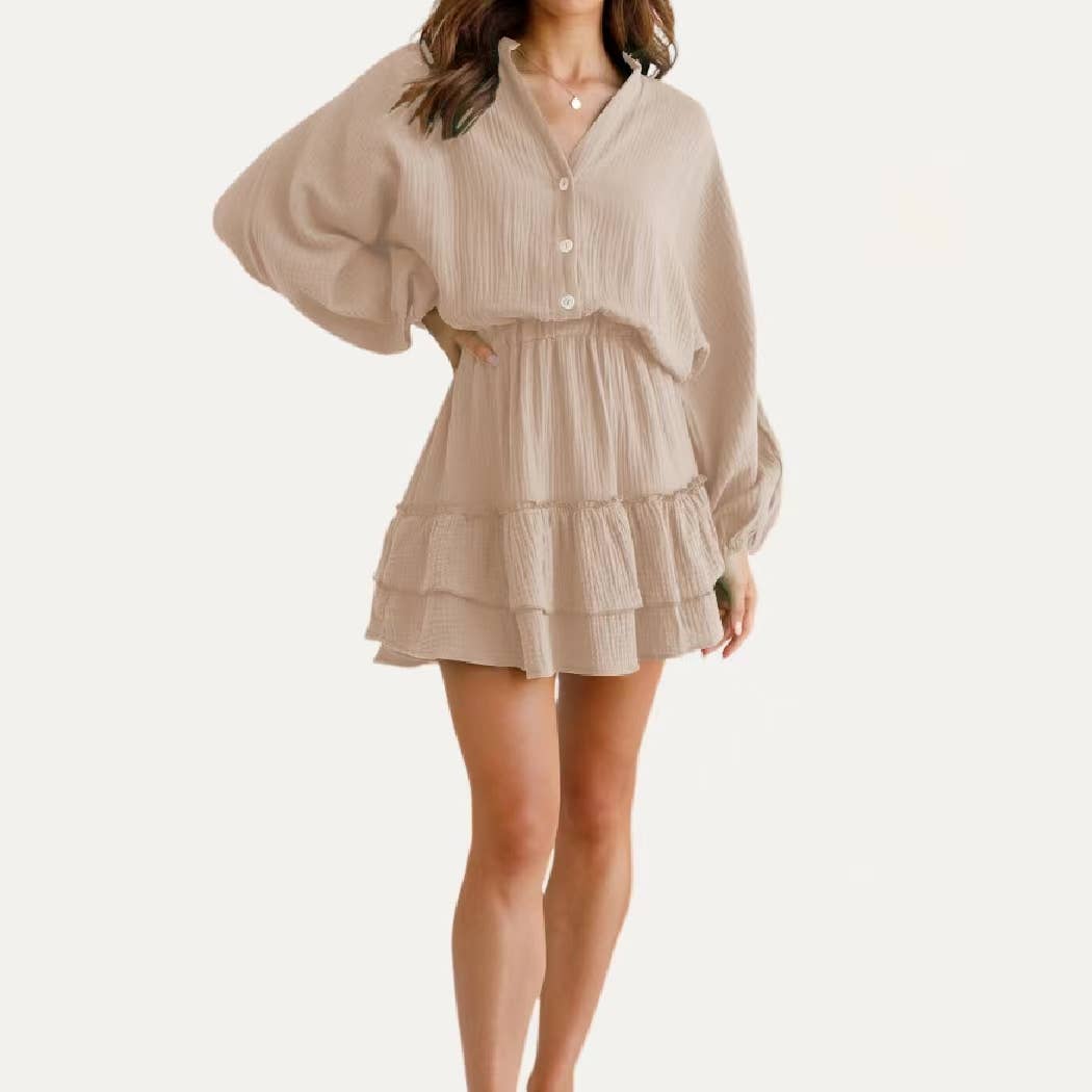 Classic Textured Notched Neck Long Sleeve Mini Dress