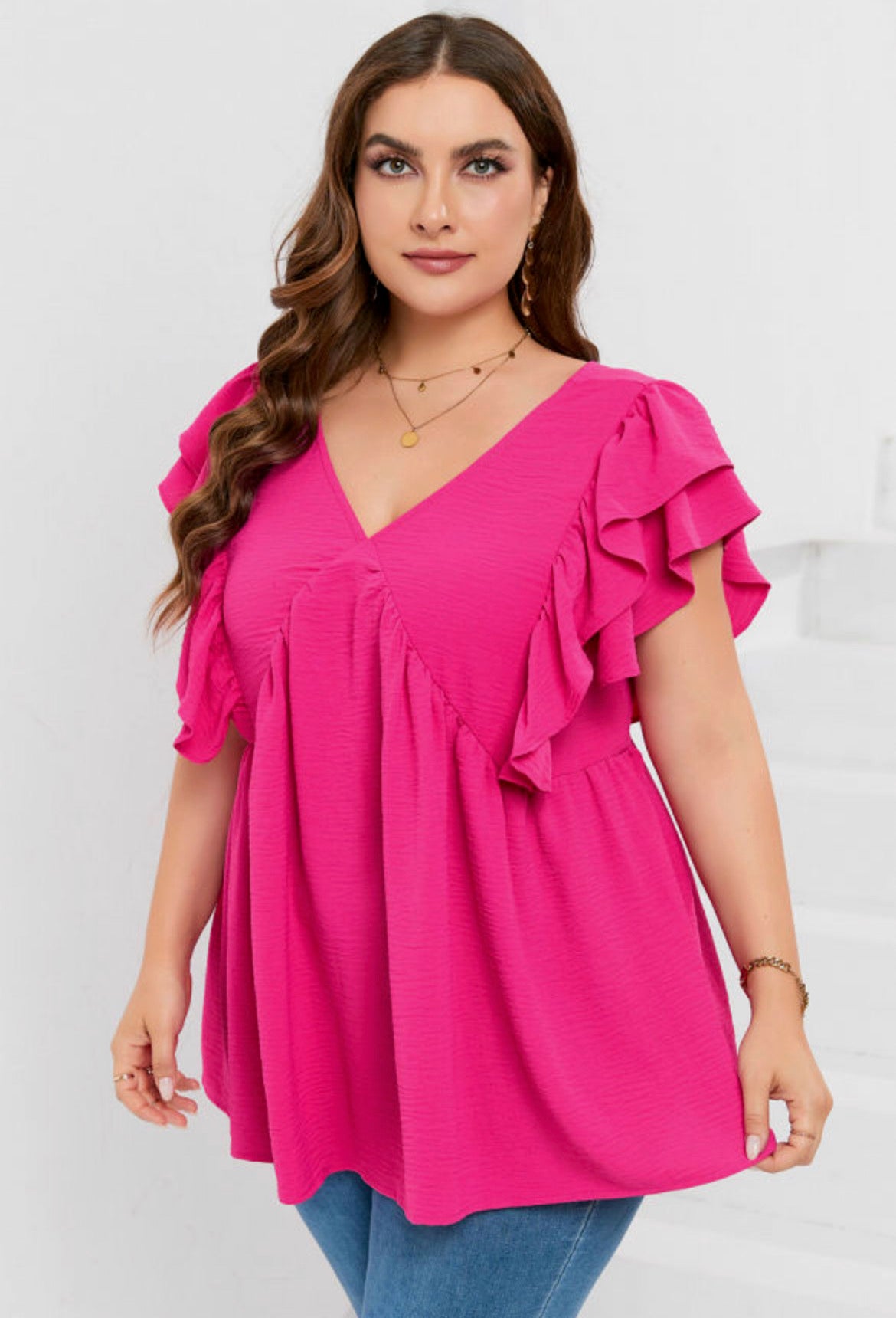 Plus Size Ruffle V Neck Tie Back Tunic Top