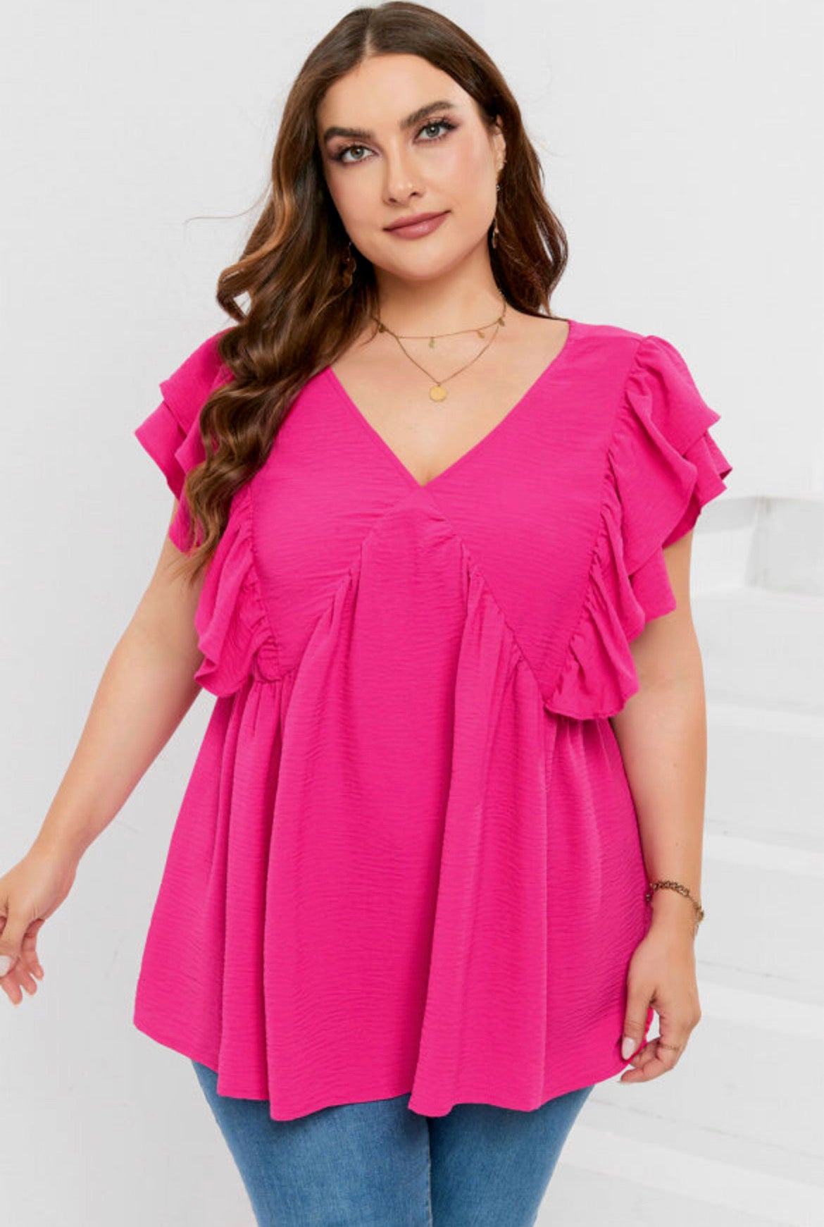 Plus Size Ruffle V Neck Tie Back Tunic Top