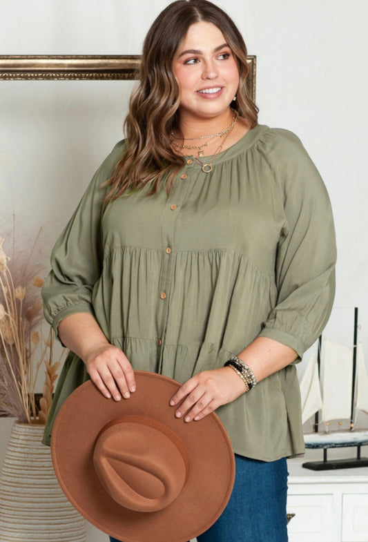 Green Plus Size Ruffle Tiered Split Neck Shirt