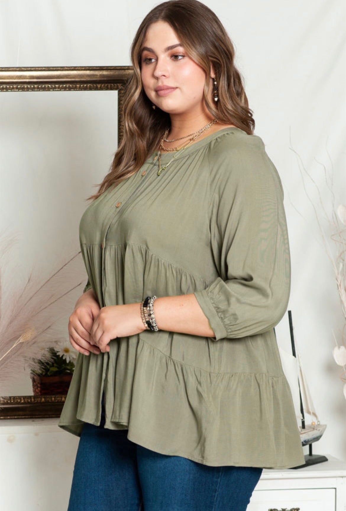 Green Plus Size Ruffle Tiered Split Neck Shirt