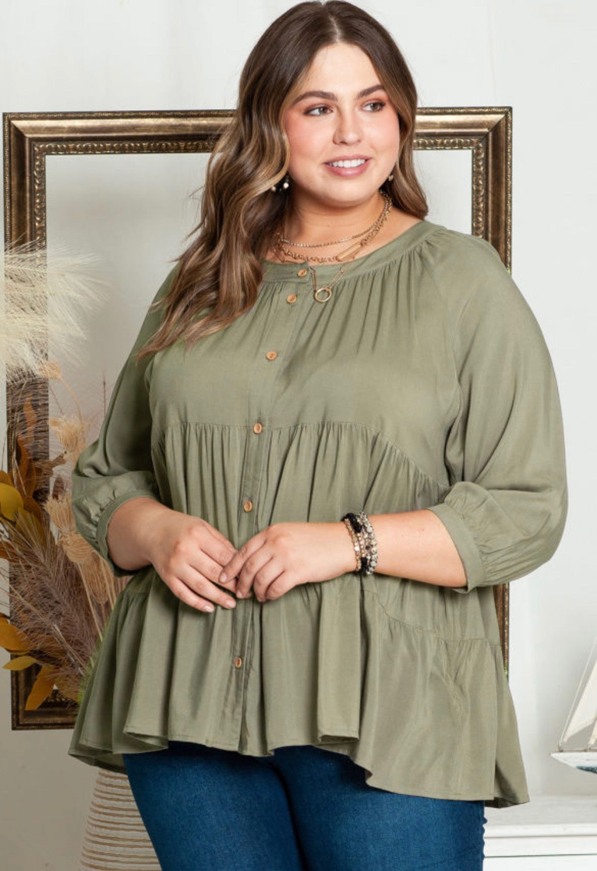 Green Plus Size Ruffle Tiered Split Neck Shirt