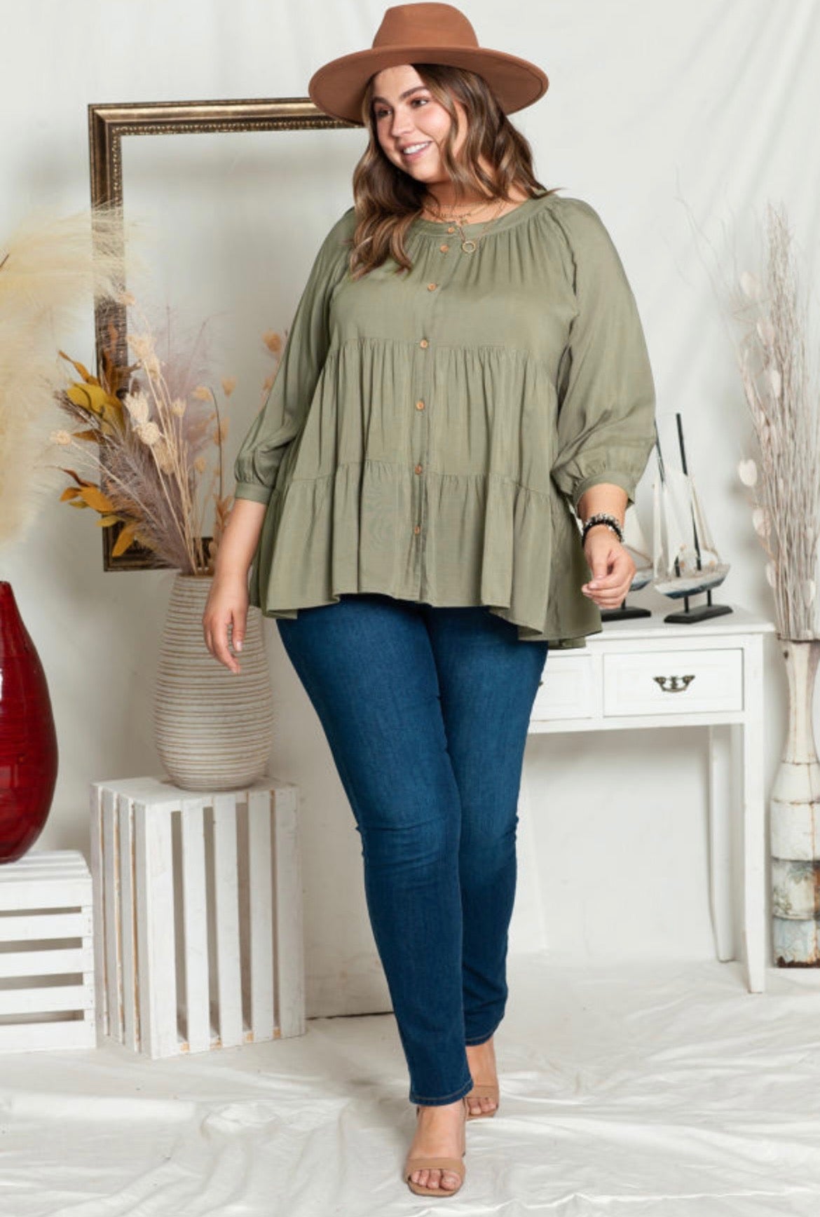 Green Plus Size Ruffle Tiered Split Neck Shirt