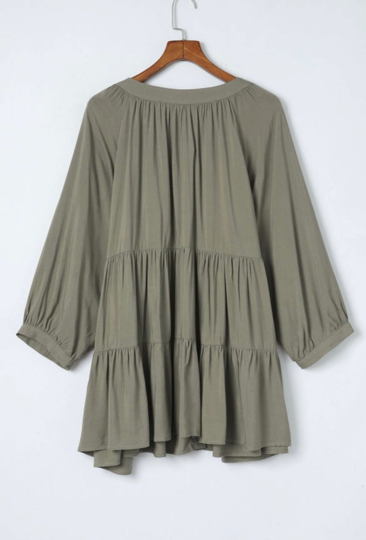 Green Plus Size Ruffle Tiered Split Neck Shirt