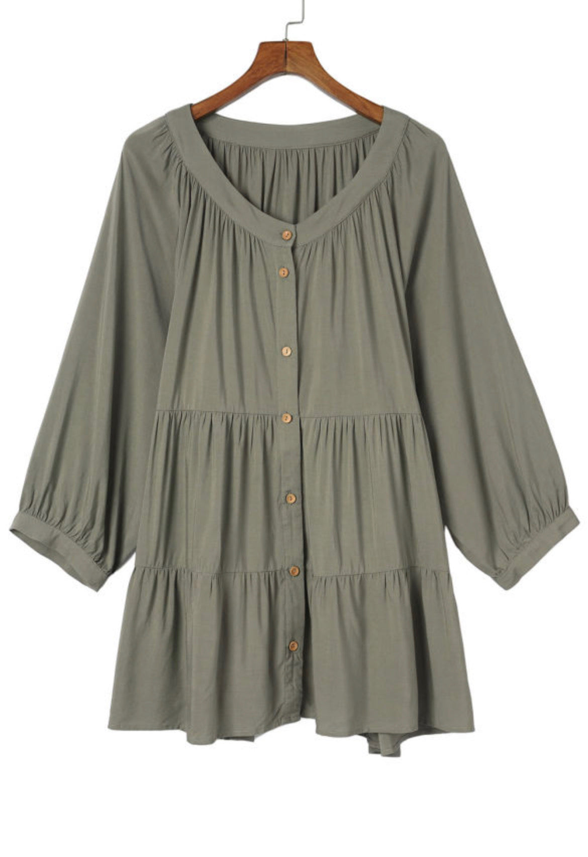 Green Plus Size Ruffle Tiered Split Neck Shirt