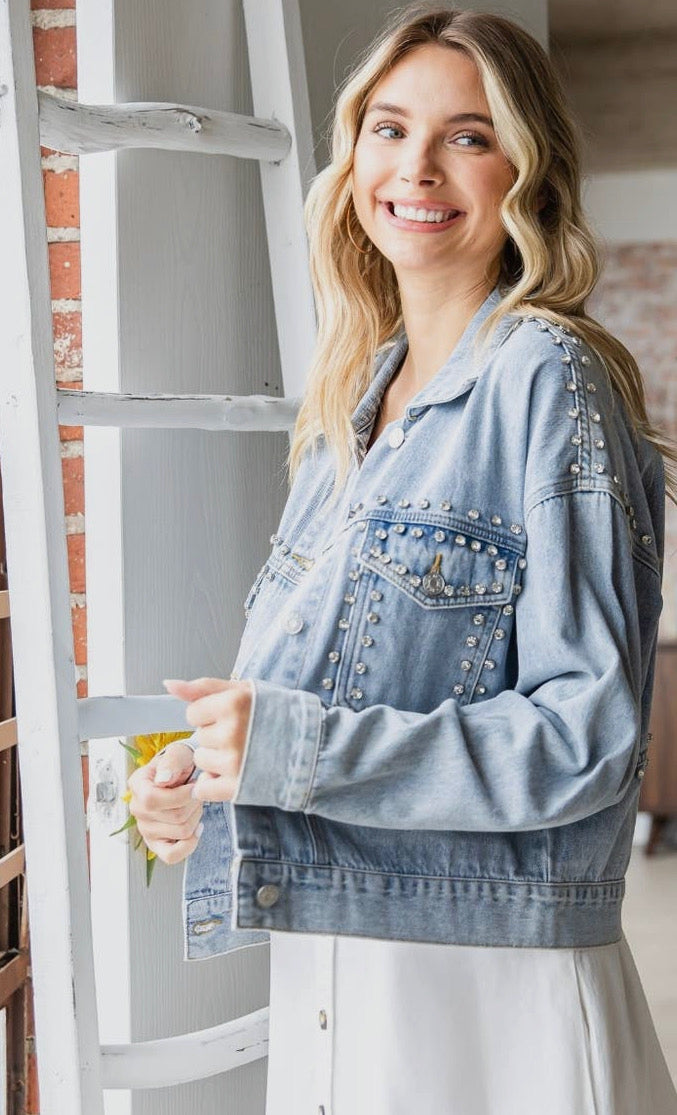 Chunky Rhinestone Denim Jacket