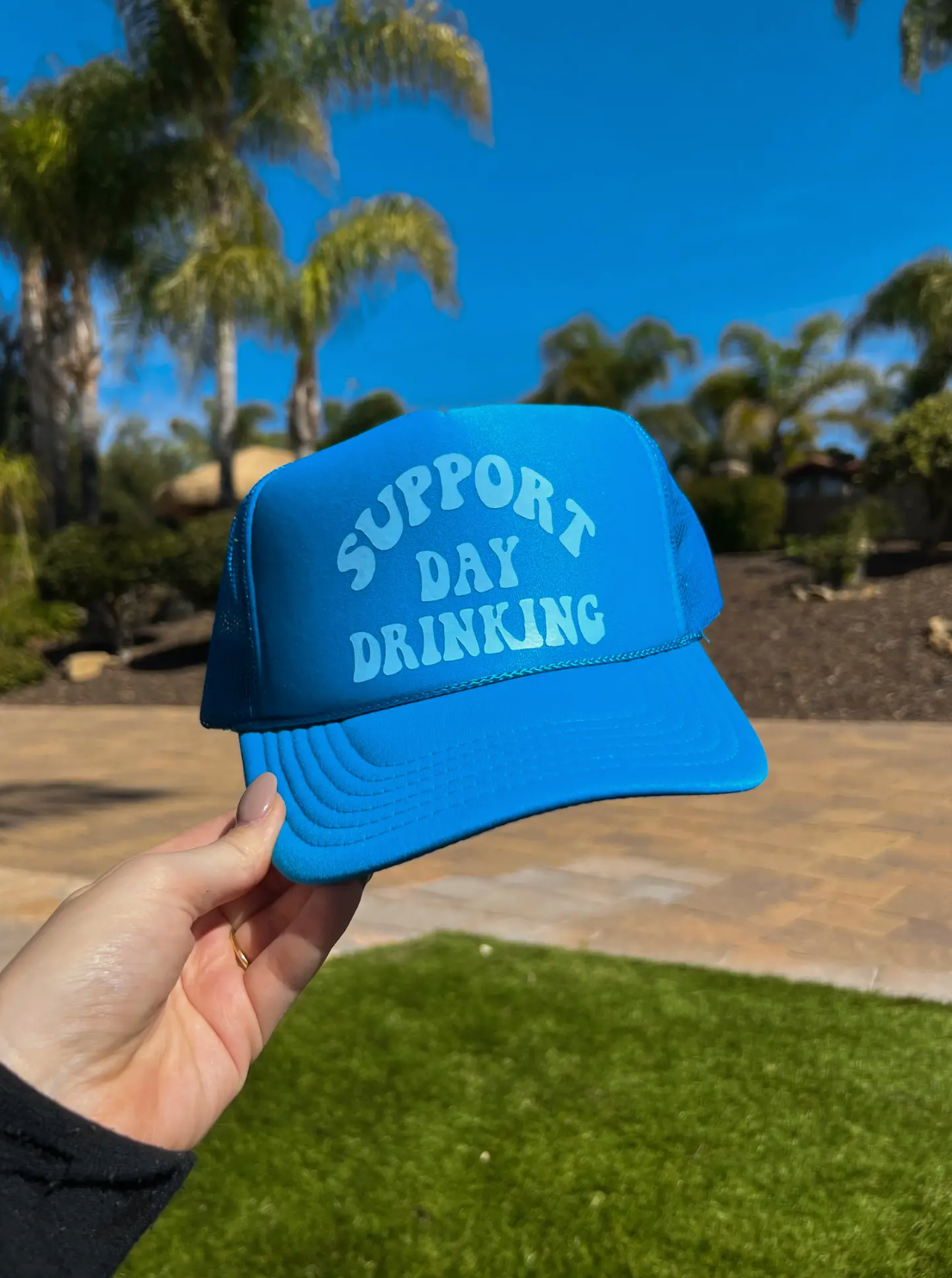 Support Day Drinking Blue Trucker w/ Light Blue Text