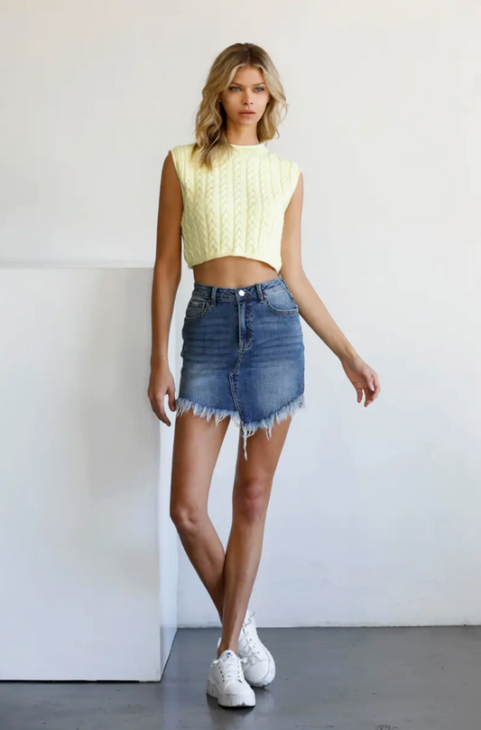 High Rise Stretch Frayed Hem Mini Denim Skirt