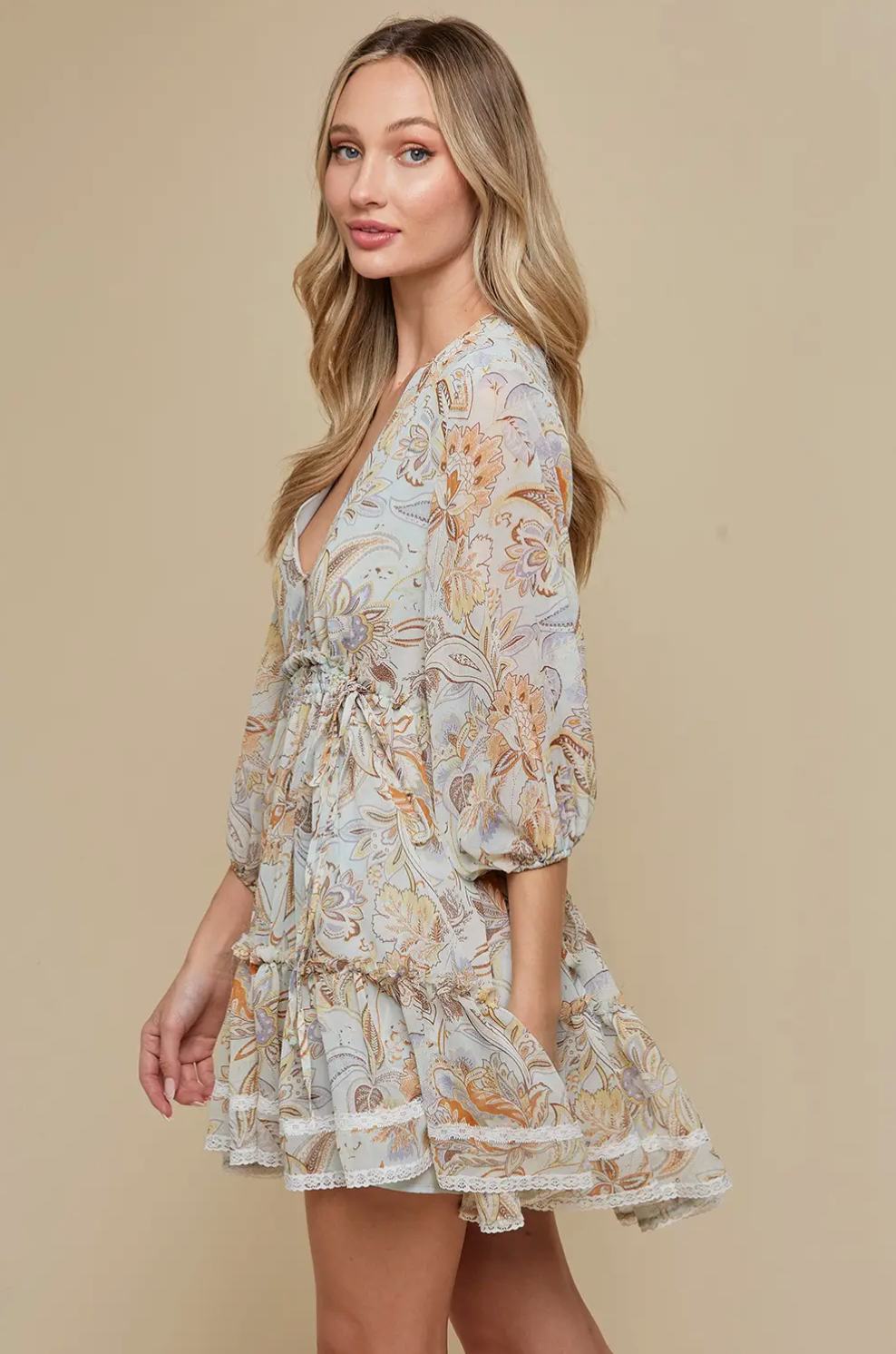 Sage Floral Printed Tier Dress