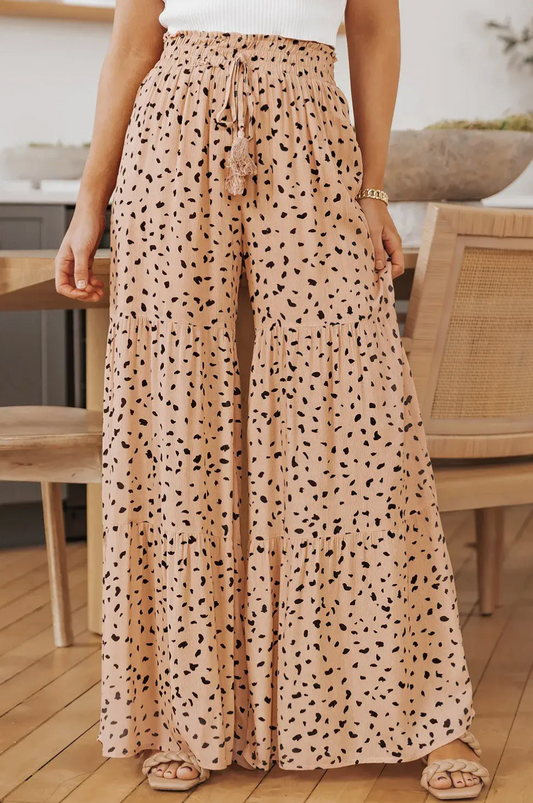 Brown Ruffle Wide Leg Dalmatian Palazzo Pants