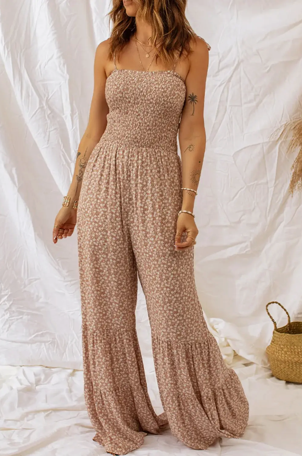 Khaki Thin Straps Smocked Bodice Wide Leg Floral Jumpsuit