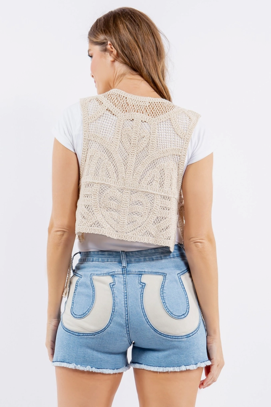 Western Faux Suede Horseshoe Detail Denim Shorts - Light