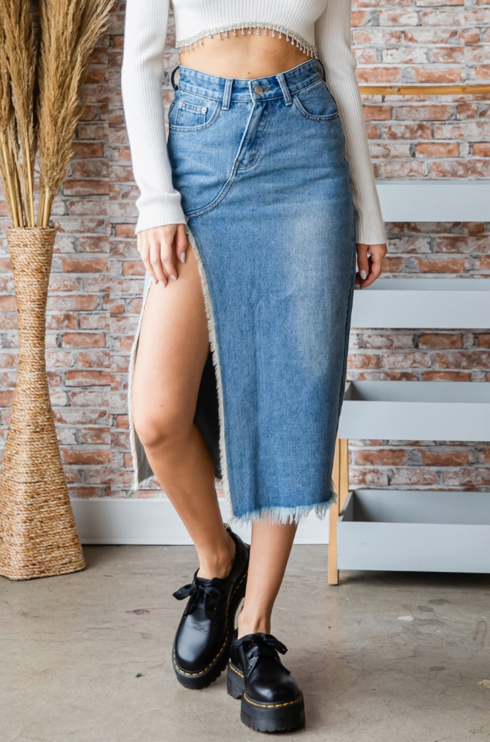 Front and Back Slit Denim Long Skirt