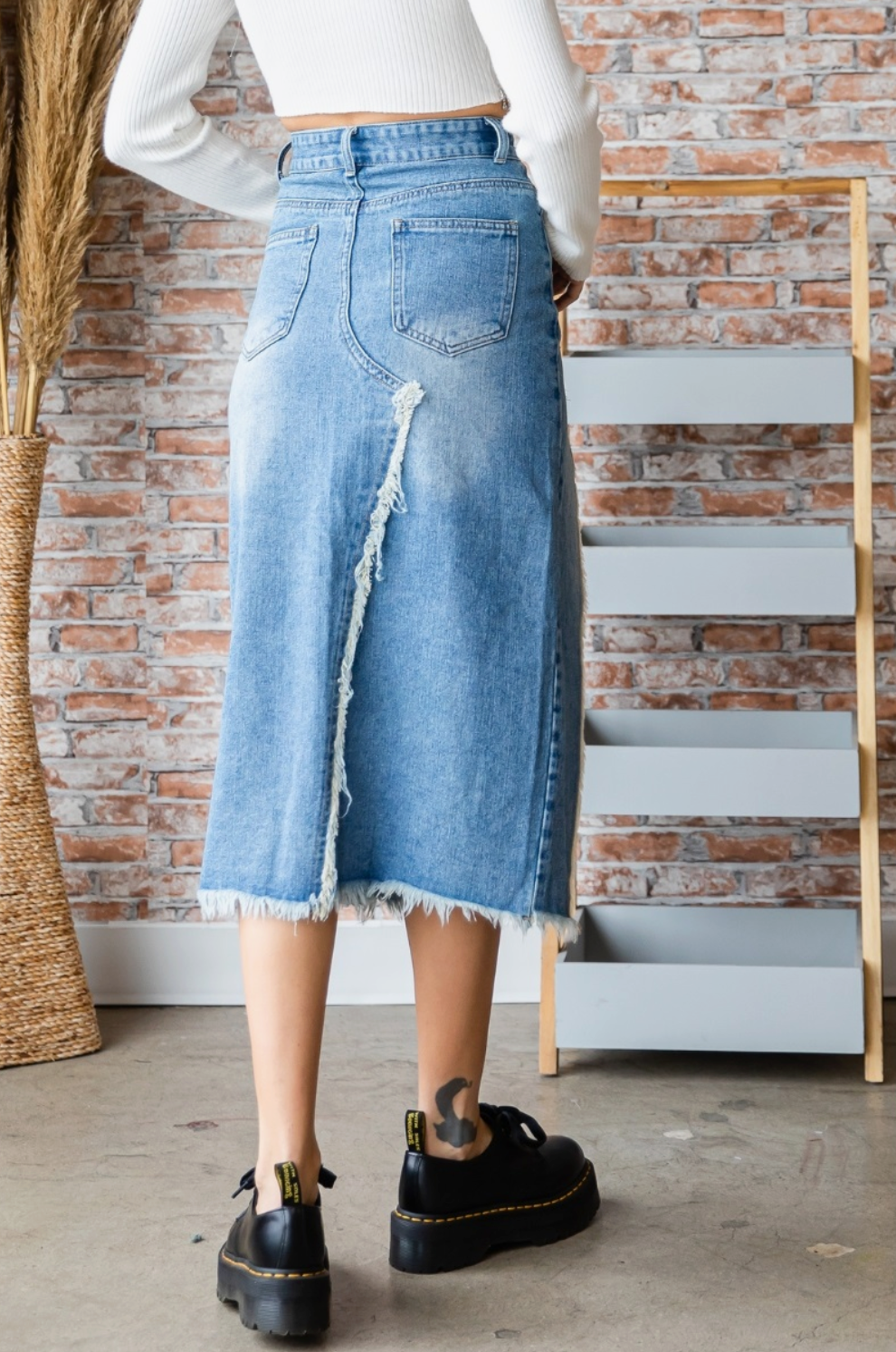 Front and Back Slit Denim Long Skirt