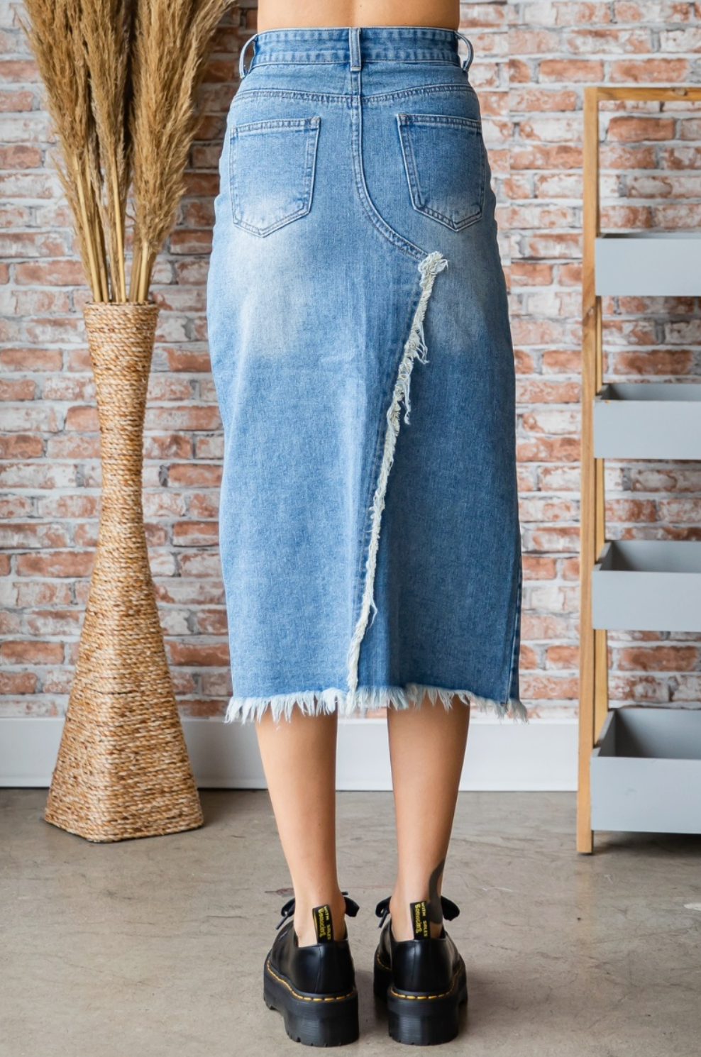 Front and Back Slit Denim Long Skirt