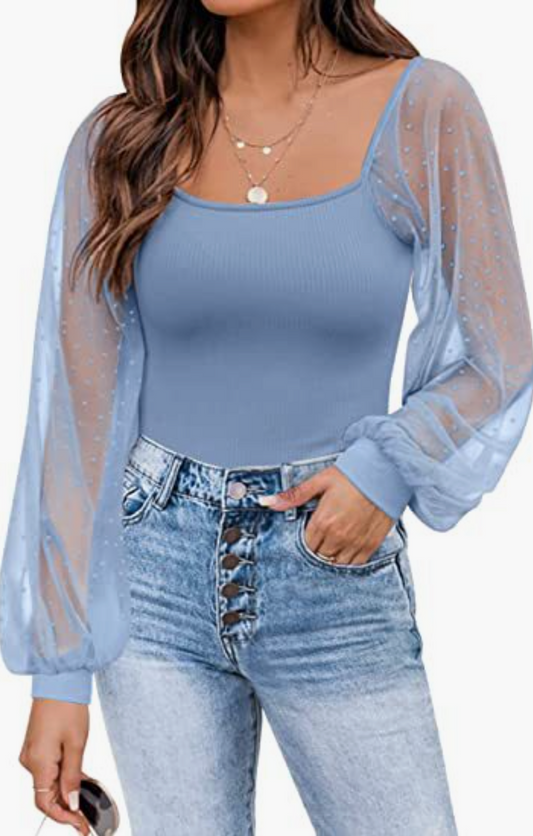 Puffy Sheer Sleeves Square Neck Long Sleeves Top