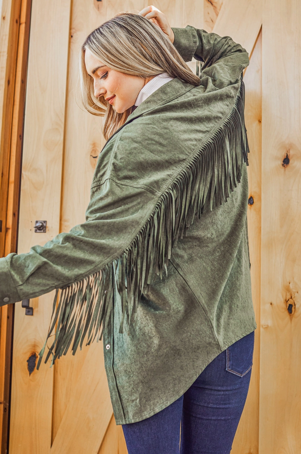 Green Fringe Back Detailed Button Down Jacket