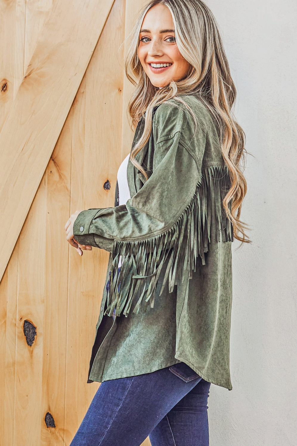 Green Fringe Back Detailed Button Down Jacket