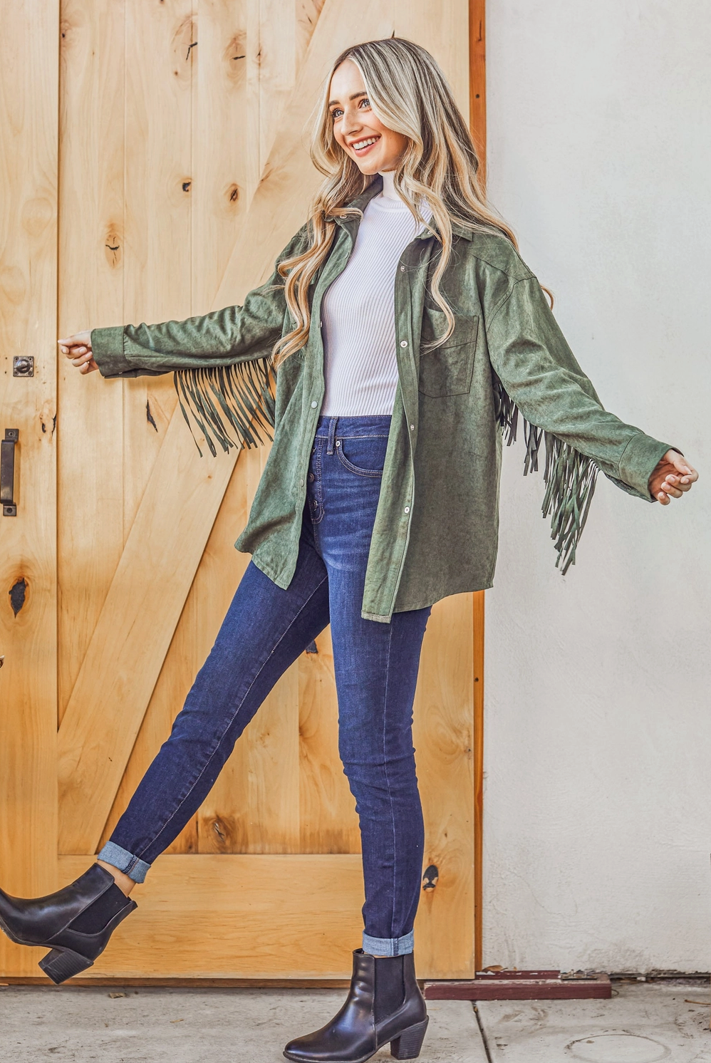 Green Fringe Back Detailed Button Down Jacket