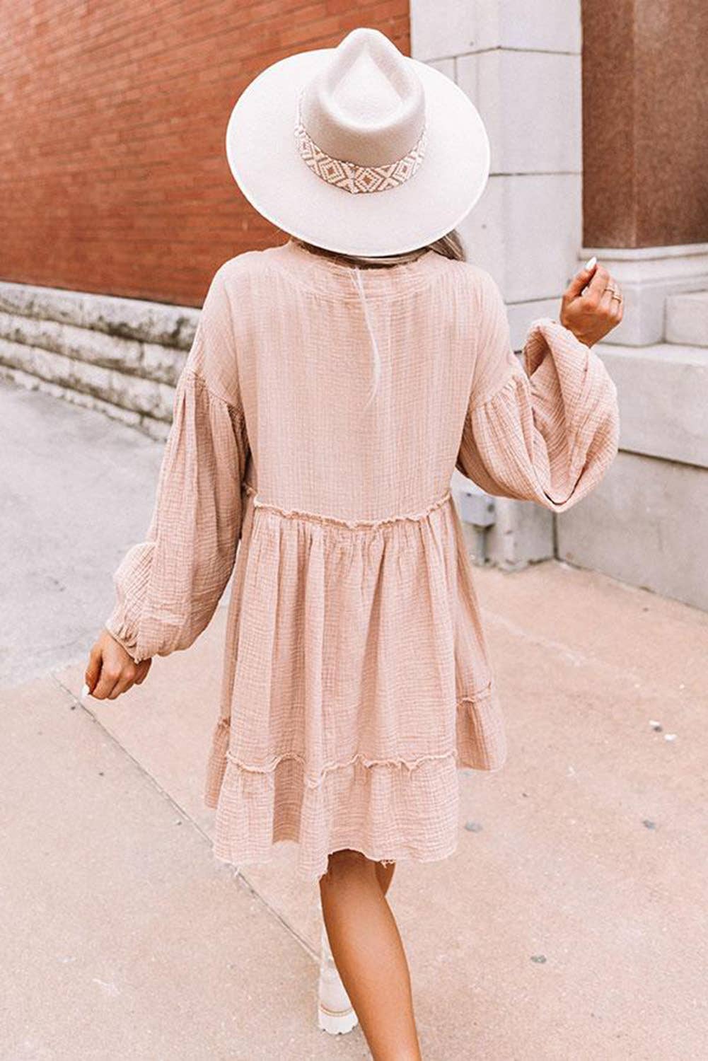 Crinkle Distressed Puff Sleeve Flared Dress