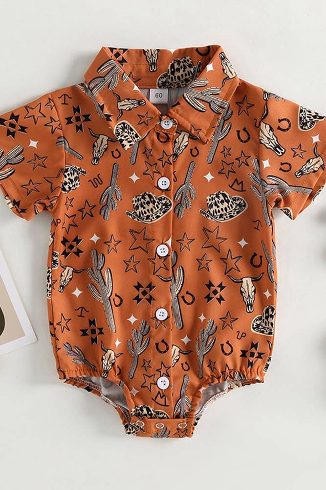 Boys Western Style Cactus Print Button Up Shirt Romper