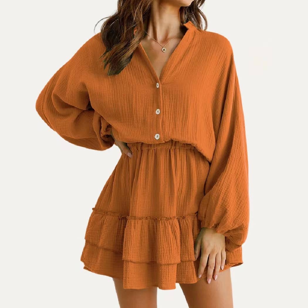 Classic Textured Notched Neck Long Sleeve Mini Dress