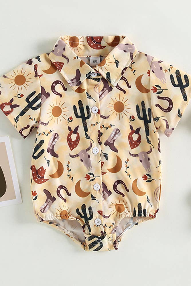 Boys Western Style Cactus Print Button Up Shirt Romper