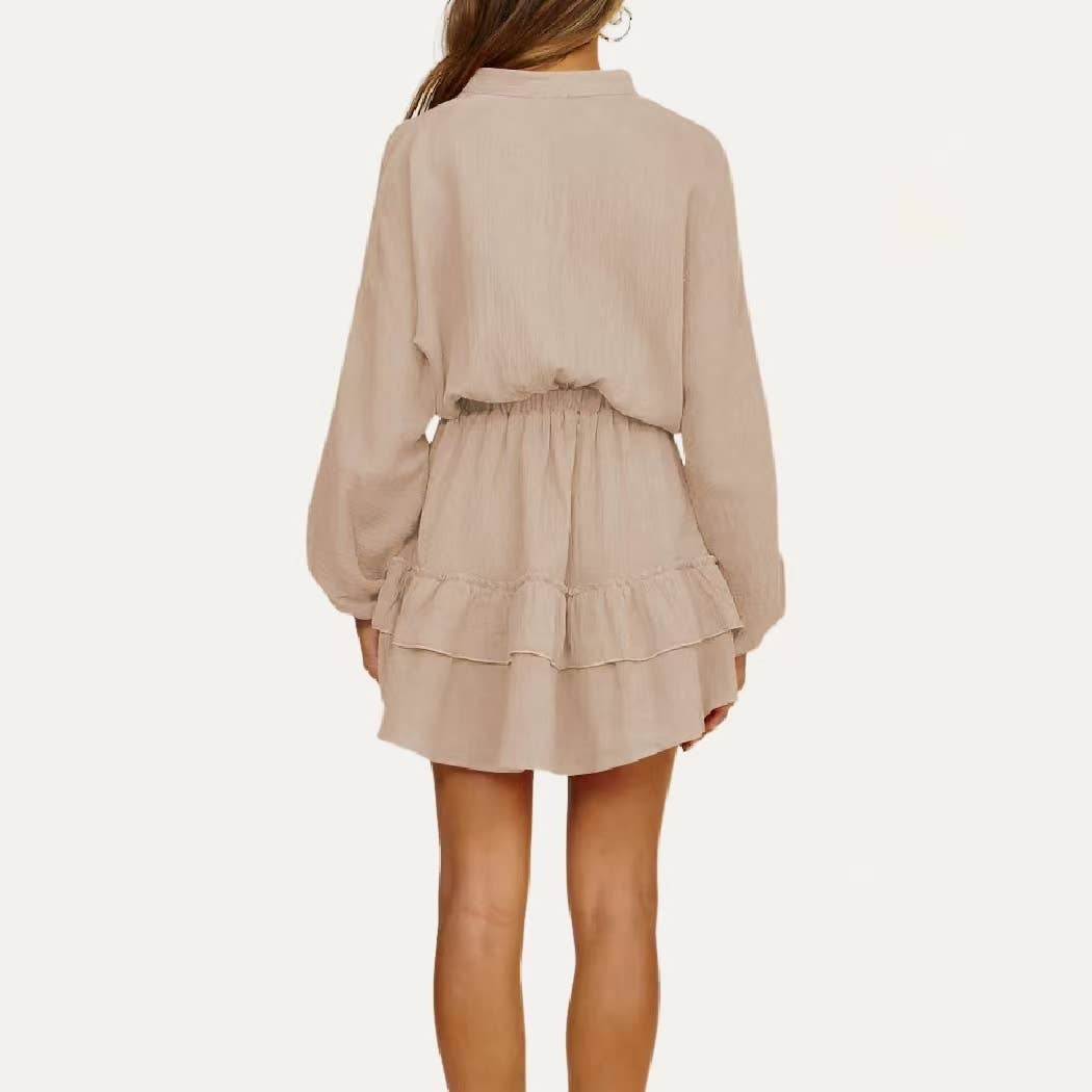 Classic Textured Notched Neck Long Sleeve Mini Dress