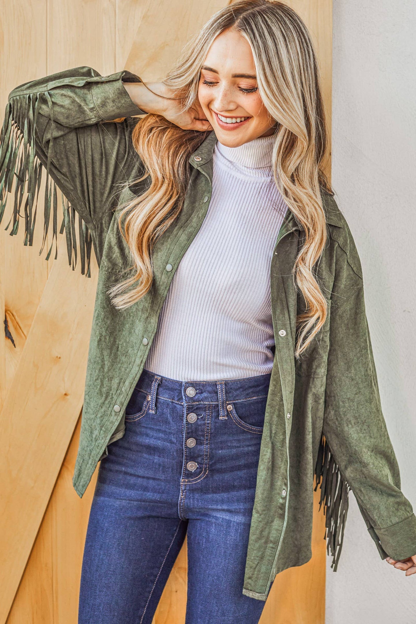 Green Fringe Back Detailed Button Down Jacket