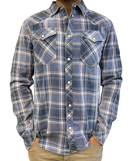 MEN’S ACID WASH INDIGO PLAID SHIRT