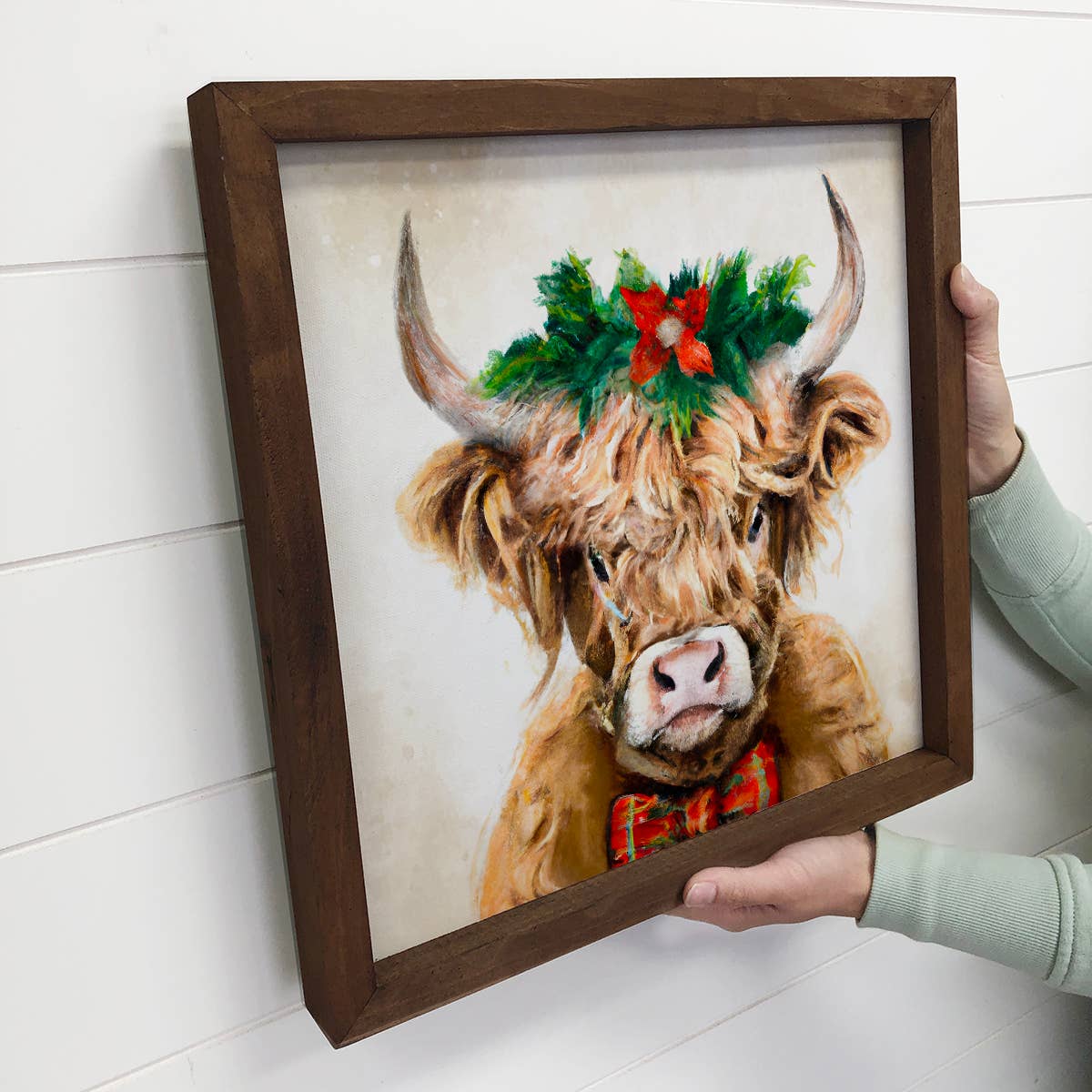 Highland Cow in Christmas Wreath Holiday Farm Small Decor: 20x20" Large Canvas Art with Thick Wood Frame