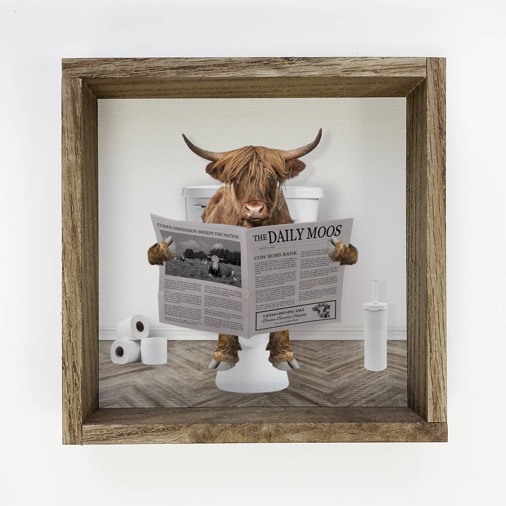 Highland Cow on Toilet Wood Frame Sign - Funny Bathroom Art: 11x11" Small Canvas Art with Wood Box Frame