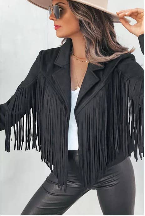 Long Sleeve Faux Suede Tassel Jacket in Black