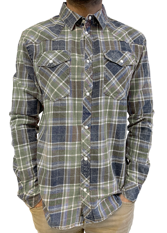 MEN’S ACID WASHED INDIGO PLAID SHIRT IN OLIVE