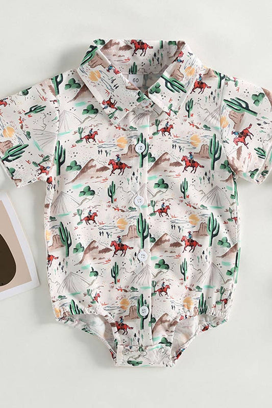 Boys Western Style Cactus Print Button Up Shirt Romper