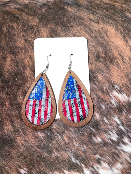 Wood American Flag Earrings