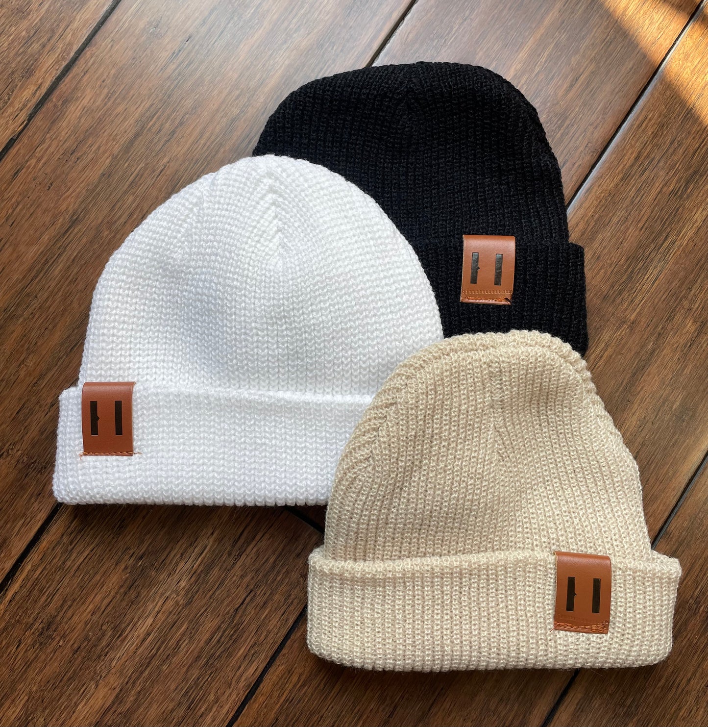 Knit leather tag beanie