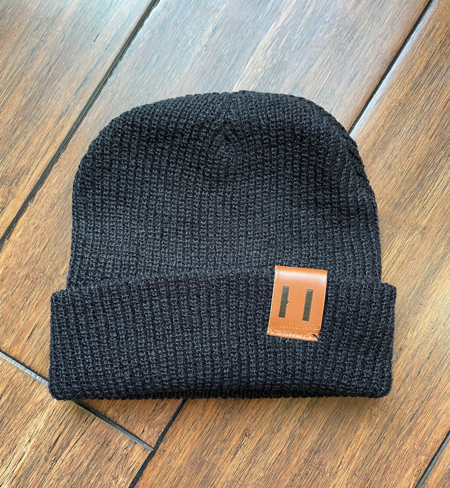 Knit leather tag beanie